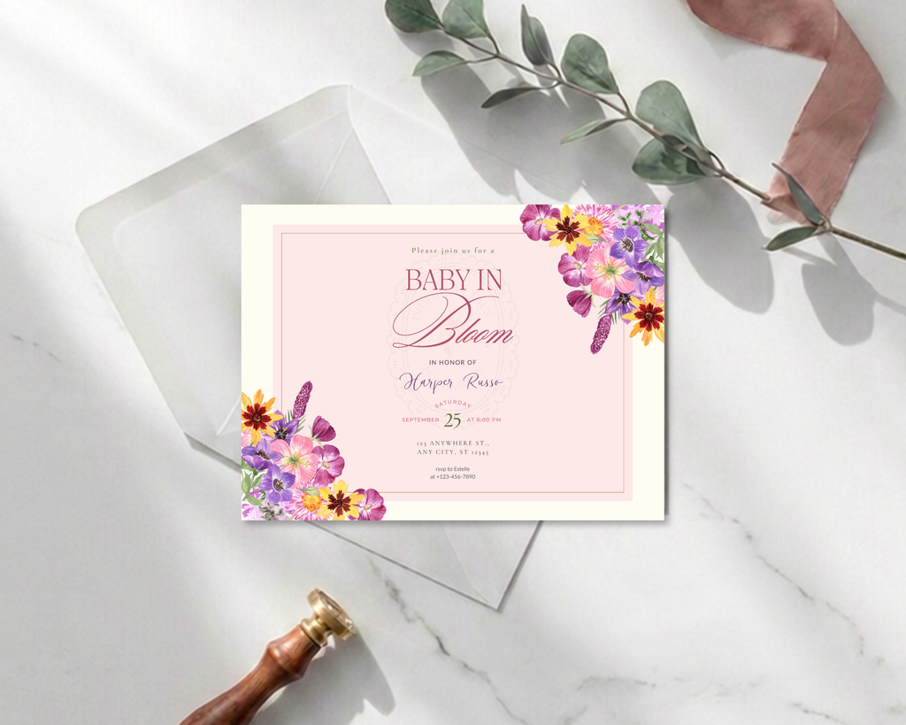 Baby in Bloom Spring Boho Baby Shower Invitation | Landscape Digital Download | Canva Editable