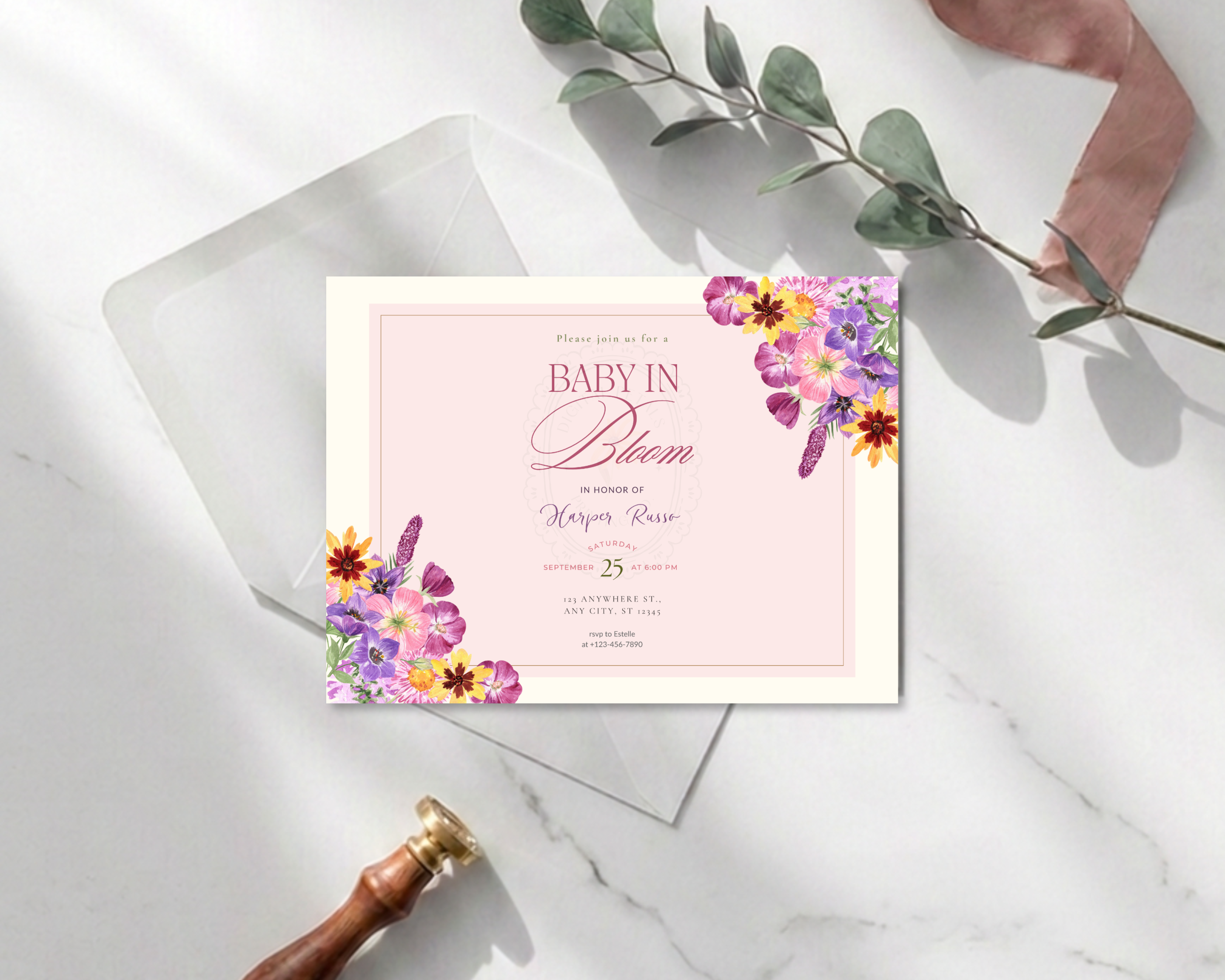 Baby in Bloom Spring Boho Baby Shower Invitation | Landscape Digital Download | Canva Editable