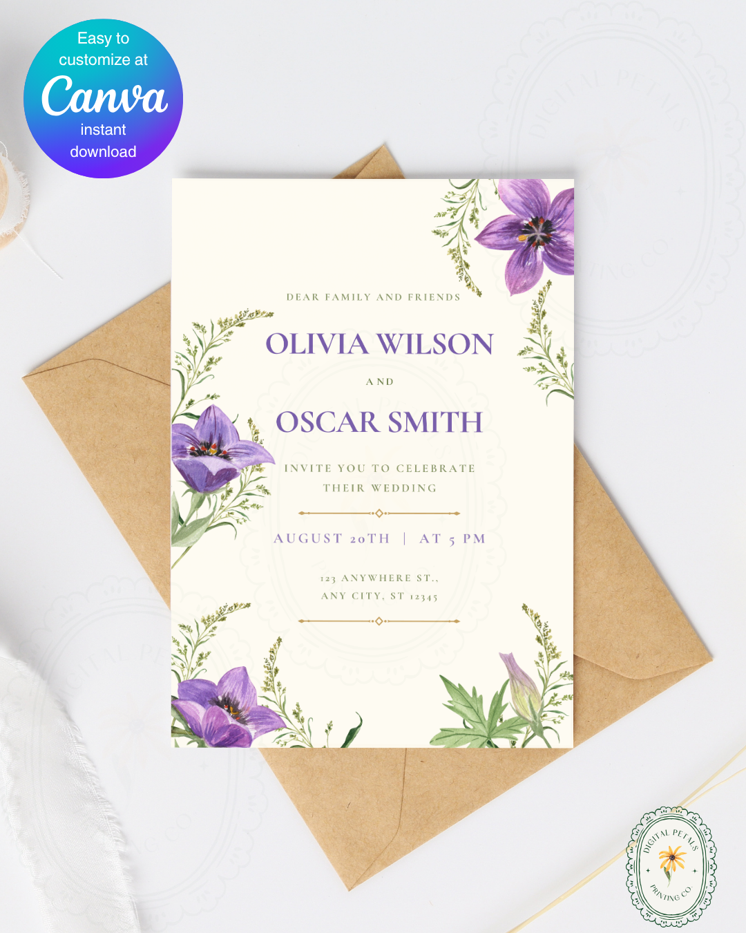 Violet & Periwinkle Wildflower Wedding Invitation | Minimalist Printable Invite | Digital Download