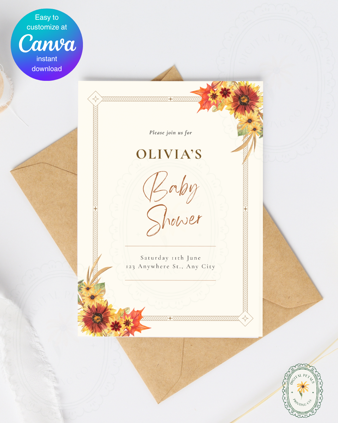 Rustic Fall Wildflowers Baby Shower Invitation Template | Hand Painted Cottagecore Digital Download
