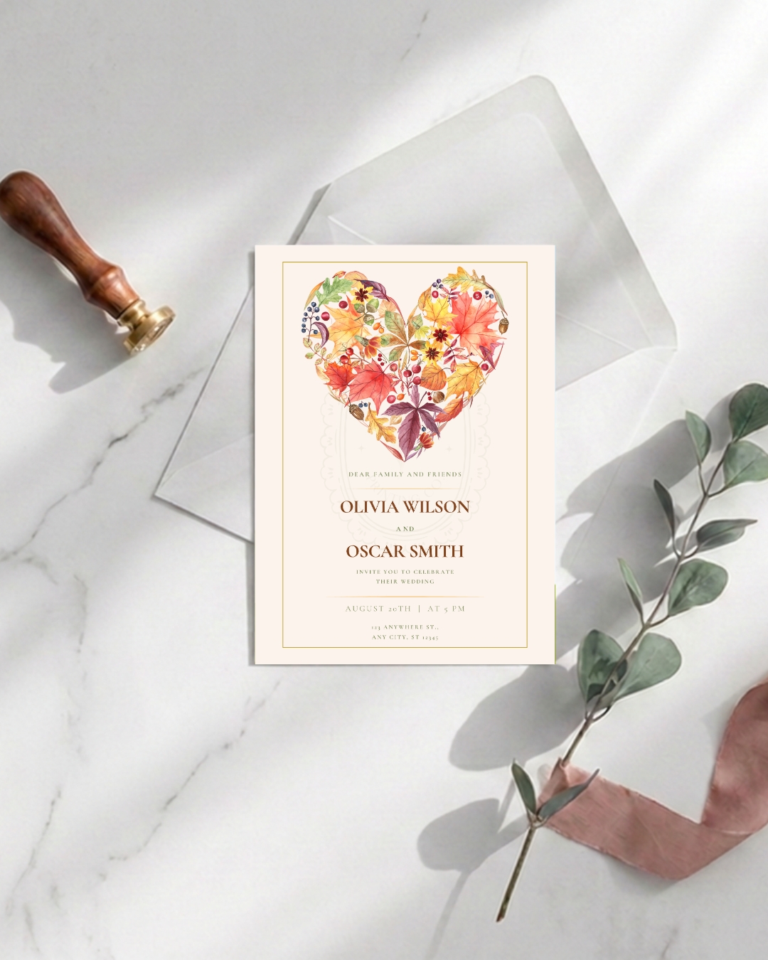Fall Heart Wedding Invitation — Editable Digital Download Template