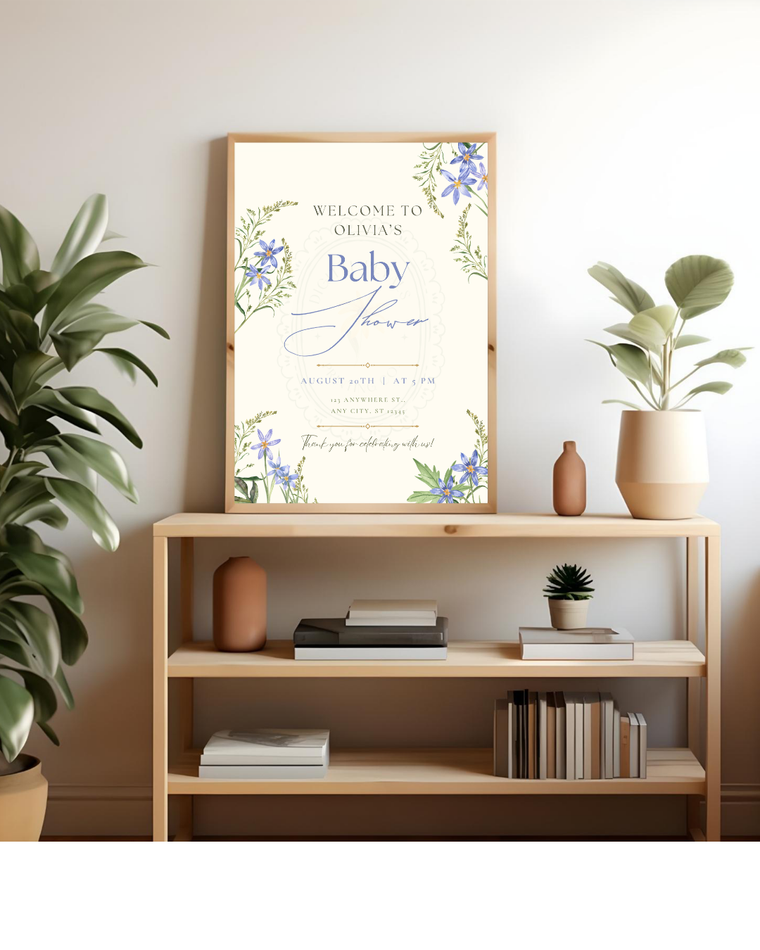 Powder Blue Wildflower Baby Shower Welcome Sign | Editable Canva Template | Digital Download