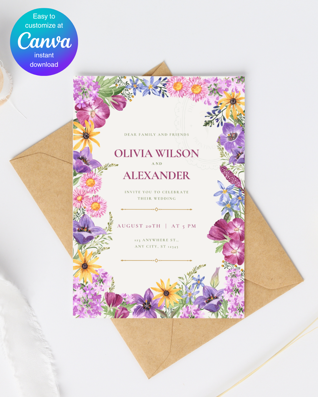 Boho Wildflower Border Wedding Invitation | Printable Botanical Invite | Digital Download