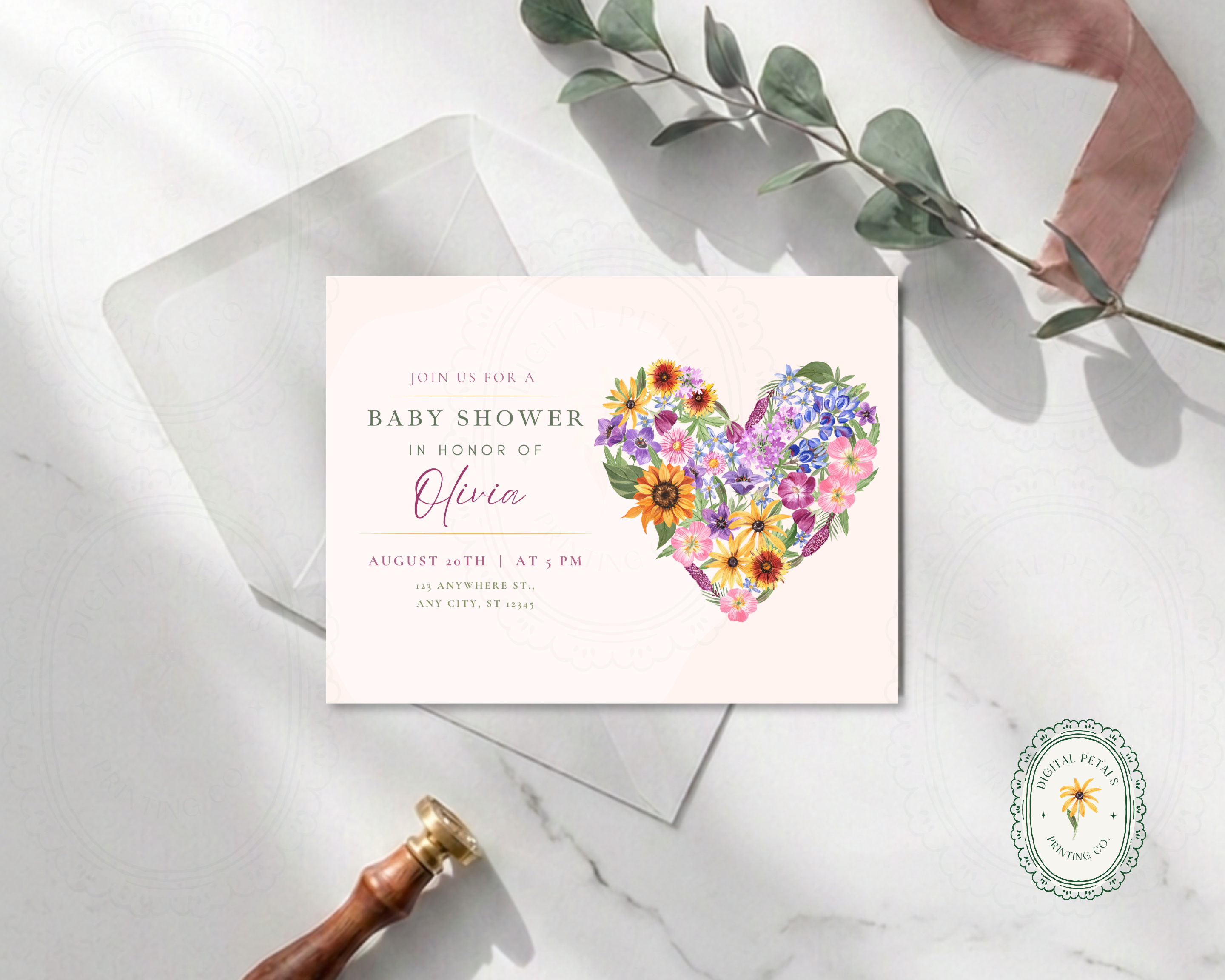 Lavender Cream Spring Heart Baby Shower Landscape Invitation | Floral Digital Download | Canva Editable