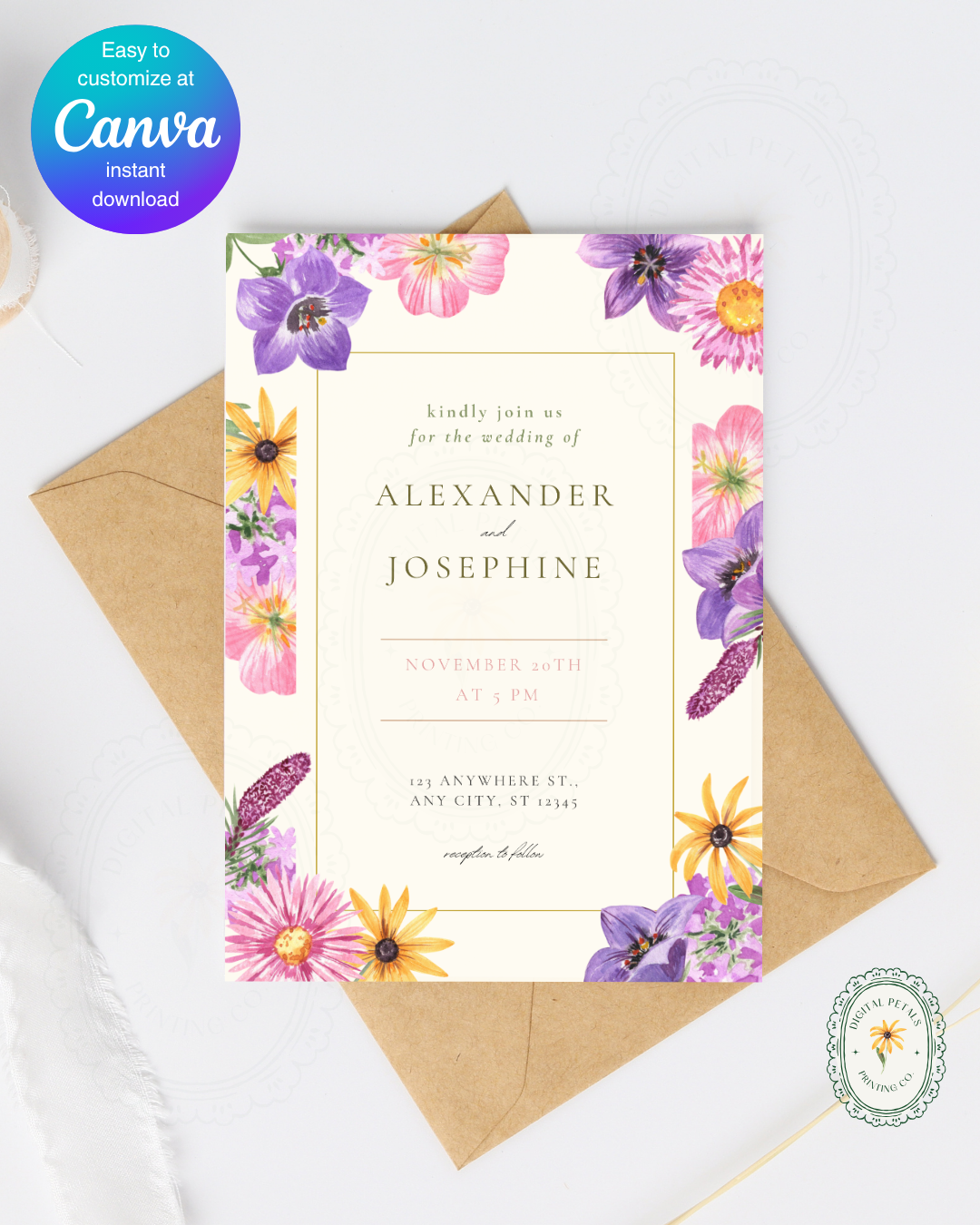 Wildflower Cottagecore Wedding Invitation Template | Editable Canva Design, Floral Botanical Spring