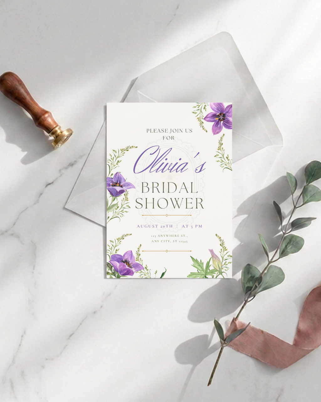 Violet Wildflower Bridal Shower Invitation | Minimalist Printable Invite | Digital Download