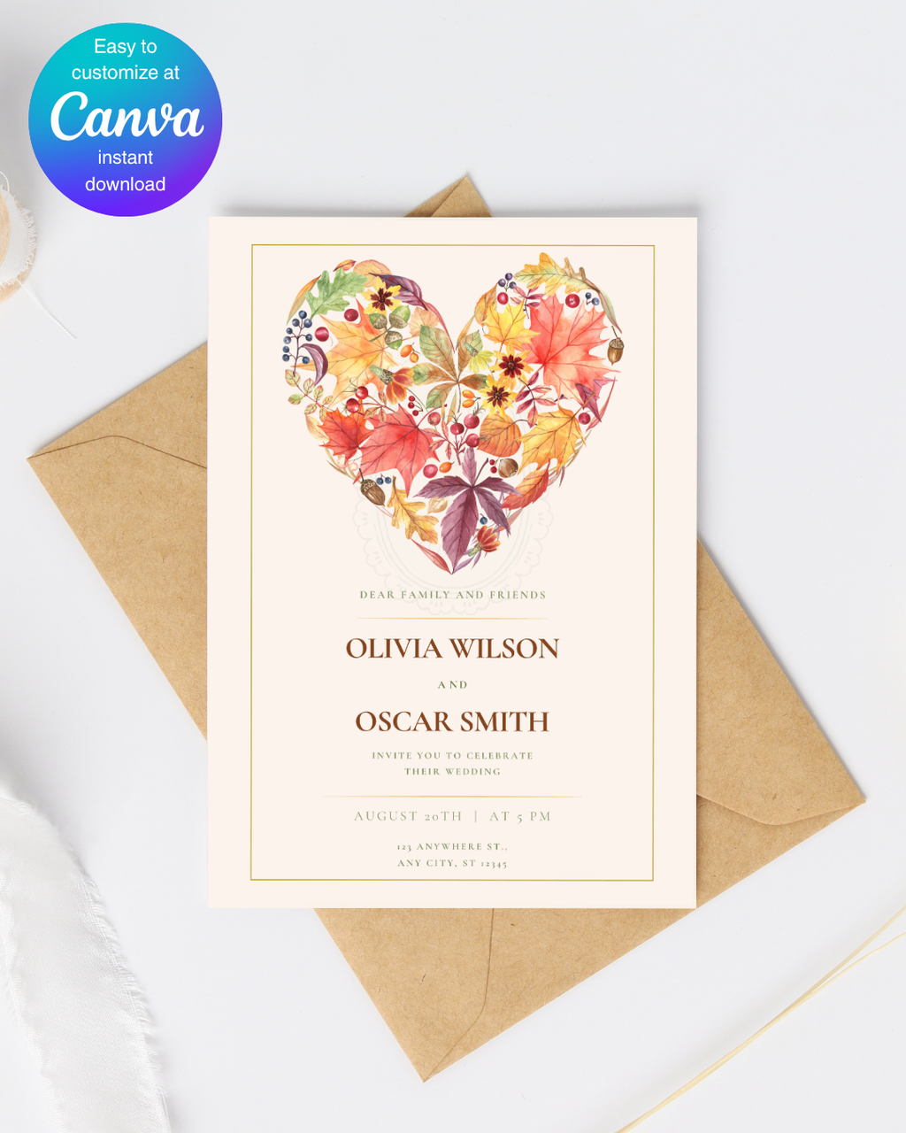 Terracotta & Rust Fall Heart Wedding Invitation — Editable Digital Download Template