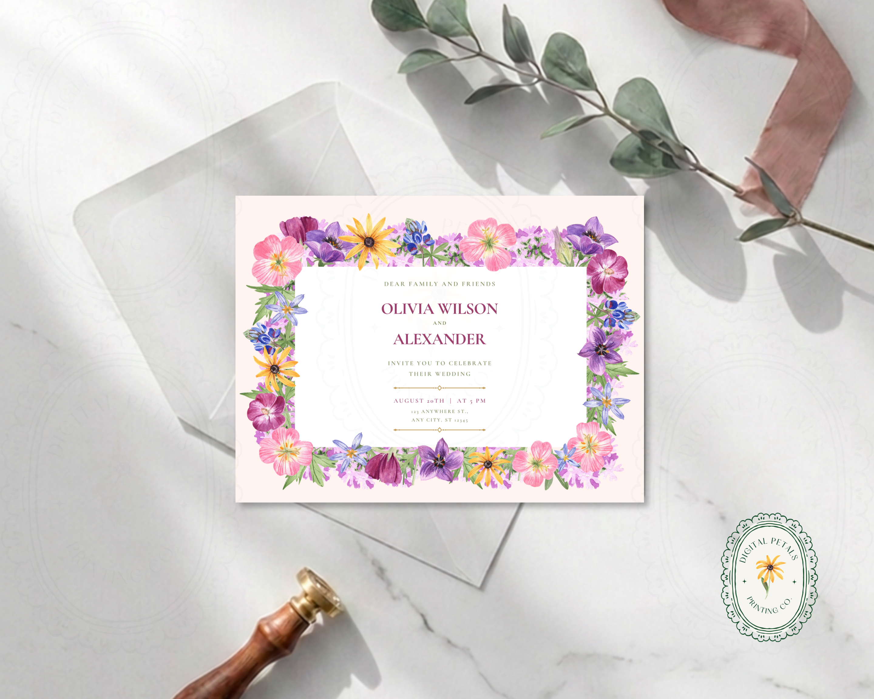 Dusty Lilac Wildflower Border Wedding Landscape Invitation | Printable Landscape Template | Digital Download