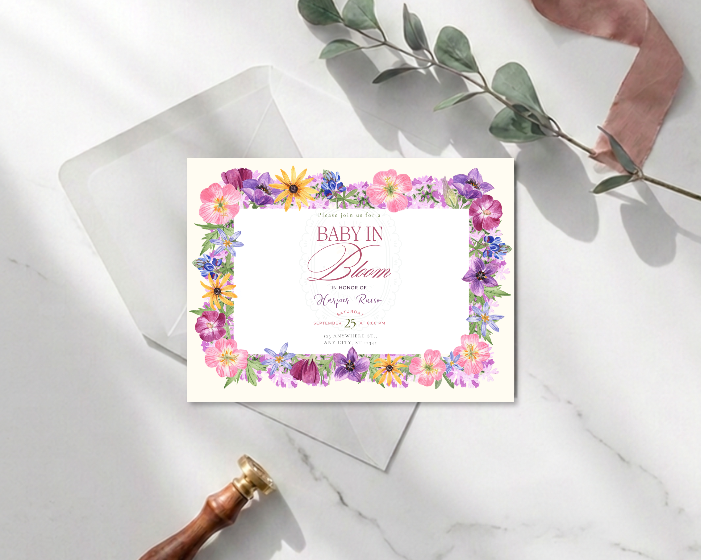 Baby in Bloom Baby Shower Wildflower Invitation | Floral Landscape Digital Download | Canva Editable