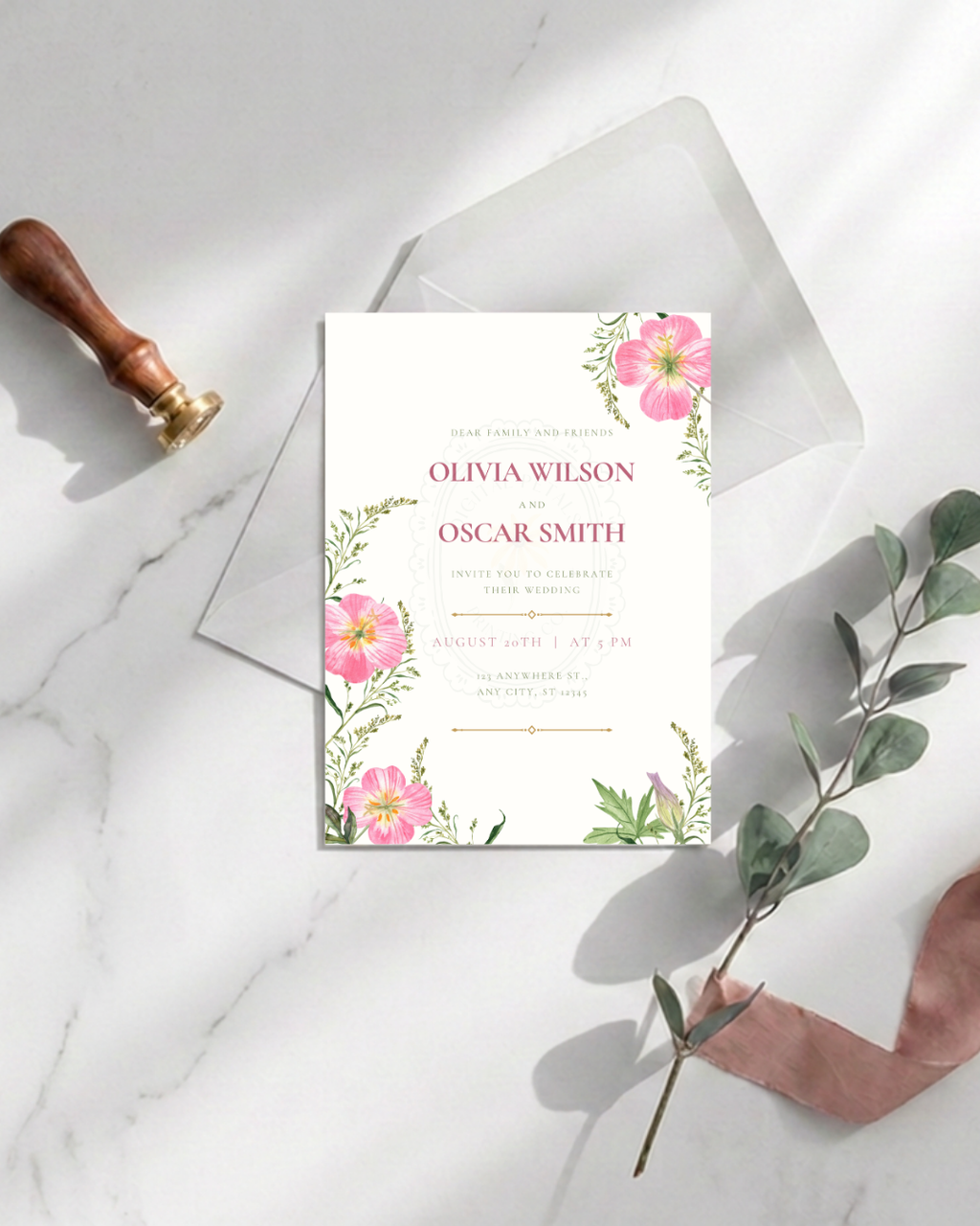 Pink Primrose Wildflower Wedding Invitation | Minimalist Printable Invite | Digital Download