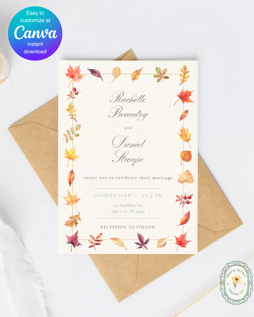 Fall Wedding Invitation Printable | Autumn Wildflower Boho Wedding Invite | Digital Download