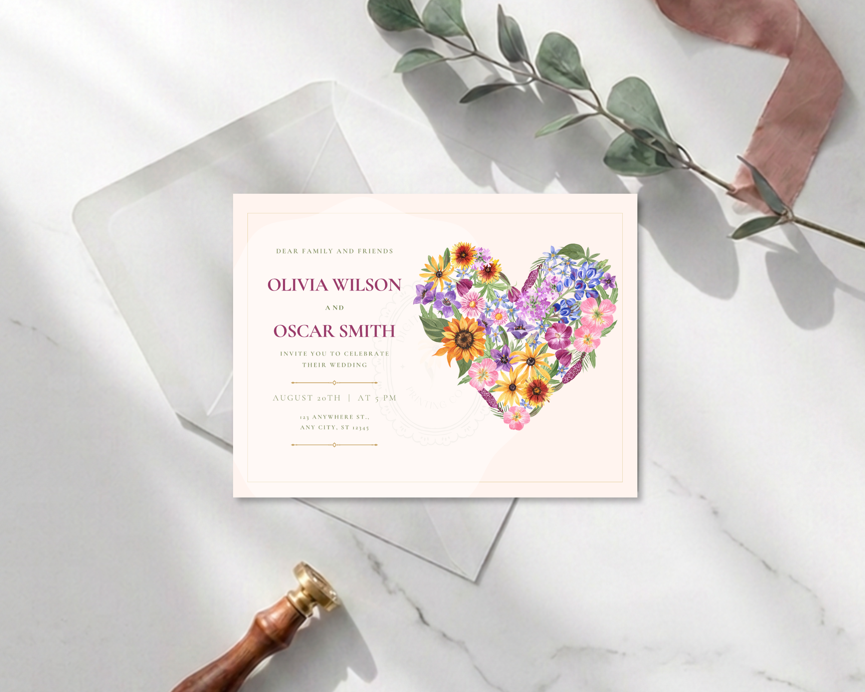 Lavender Wildflower Spring Heart Wedding Invitation | Floral Landscape Digital Download | Canva Editable