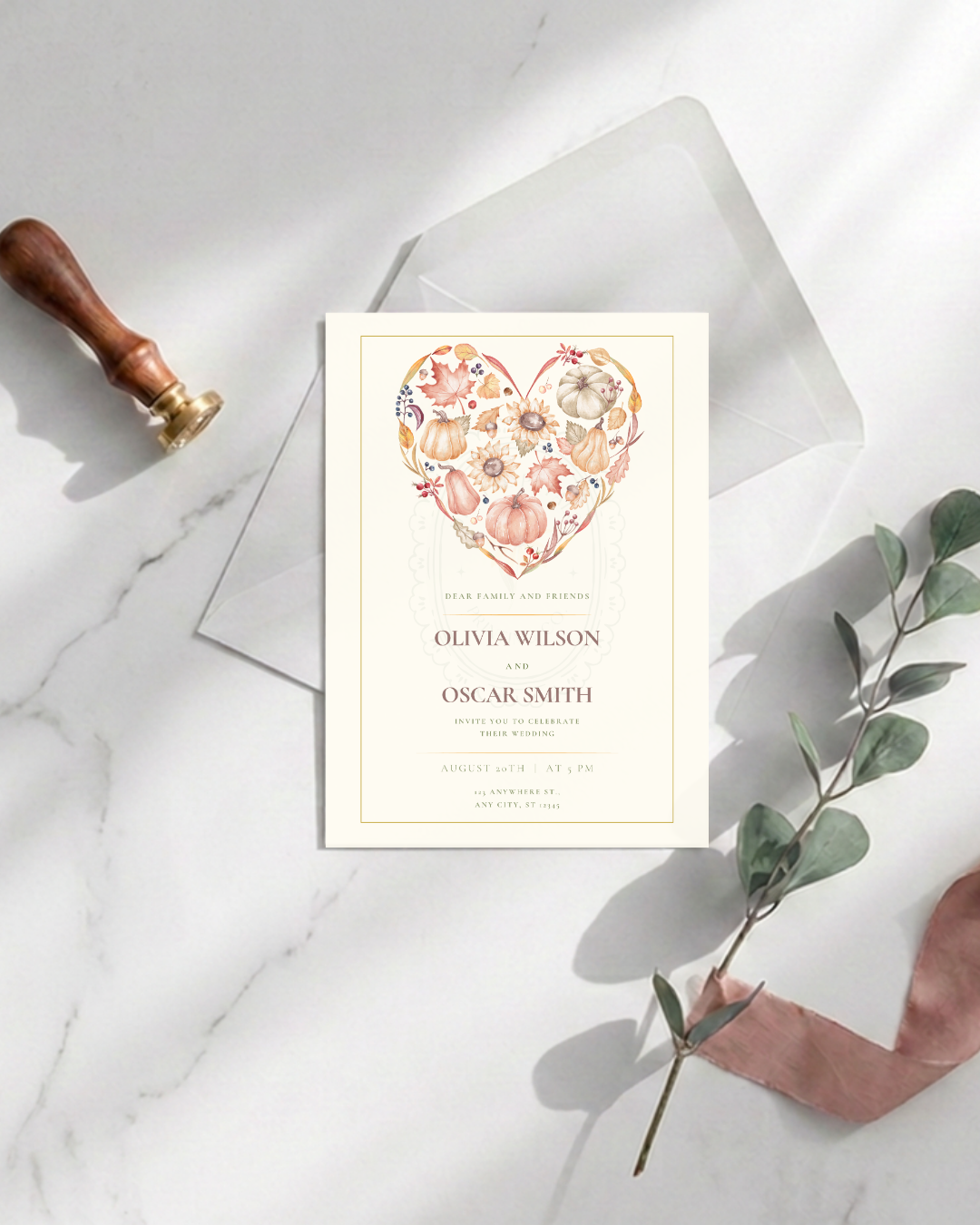 Autumn Heart Wedding Invitation | Printable Floral Invite | Digital Download