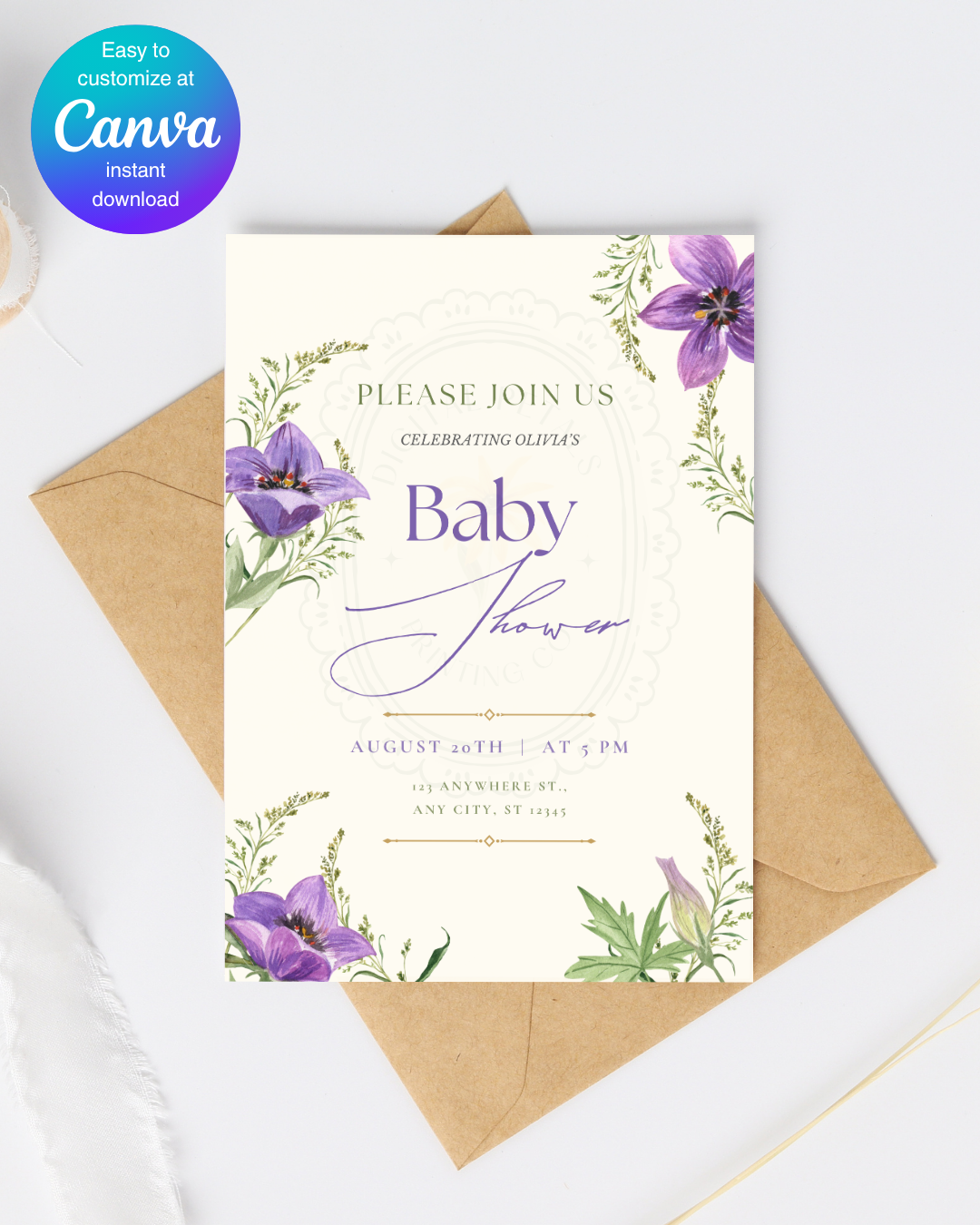 Violet & Periwinkle Wildflower Baby Shower Invitation | Minimalist Printable Invite | Digital Download