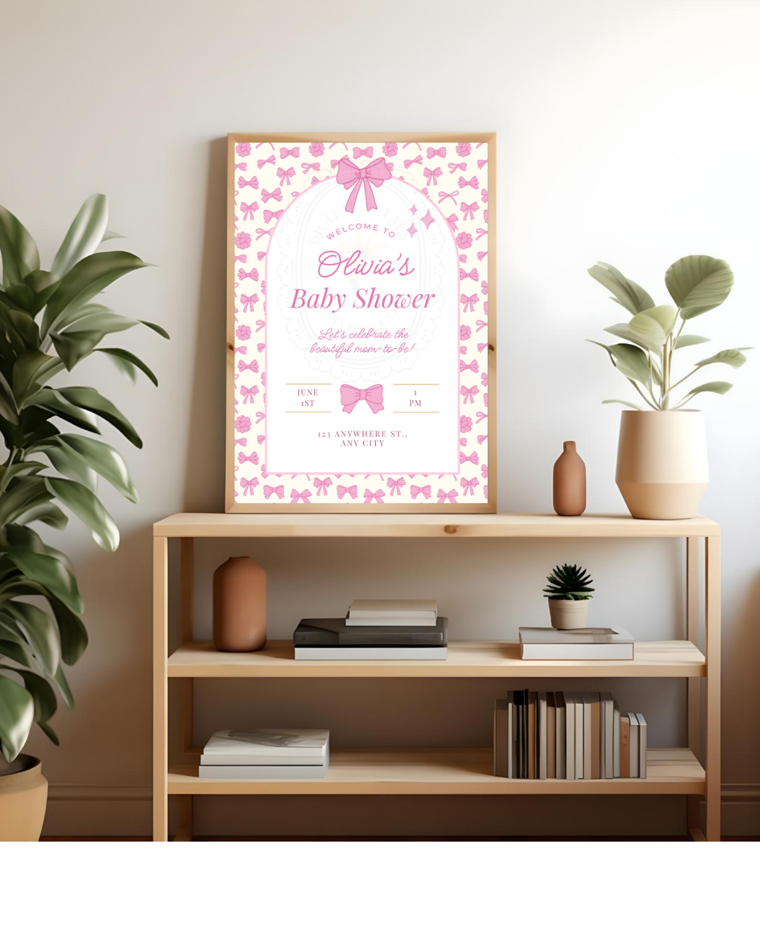Baby Girl Shower Welcome Sign Template | Pink Ribbons & Bows | Canva Editable