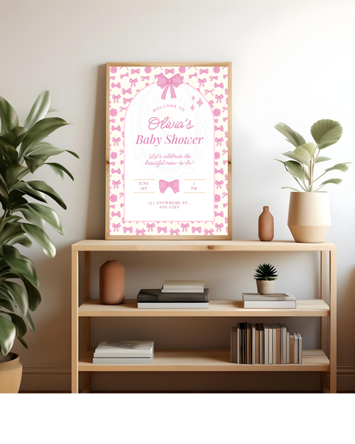 Baby Girl Shower Welcome Sign Template | Pink Ribbons & Bows | Canva Editable