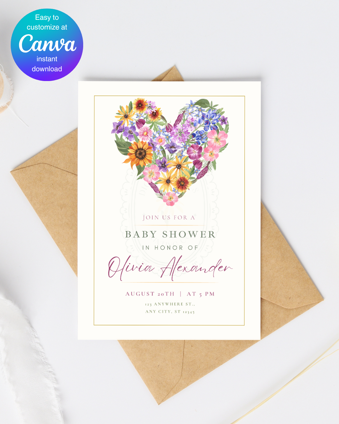 Boho Wildflower Heart Baby Shower Invitation — Editable Digital Download Template