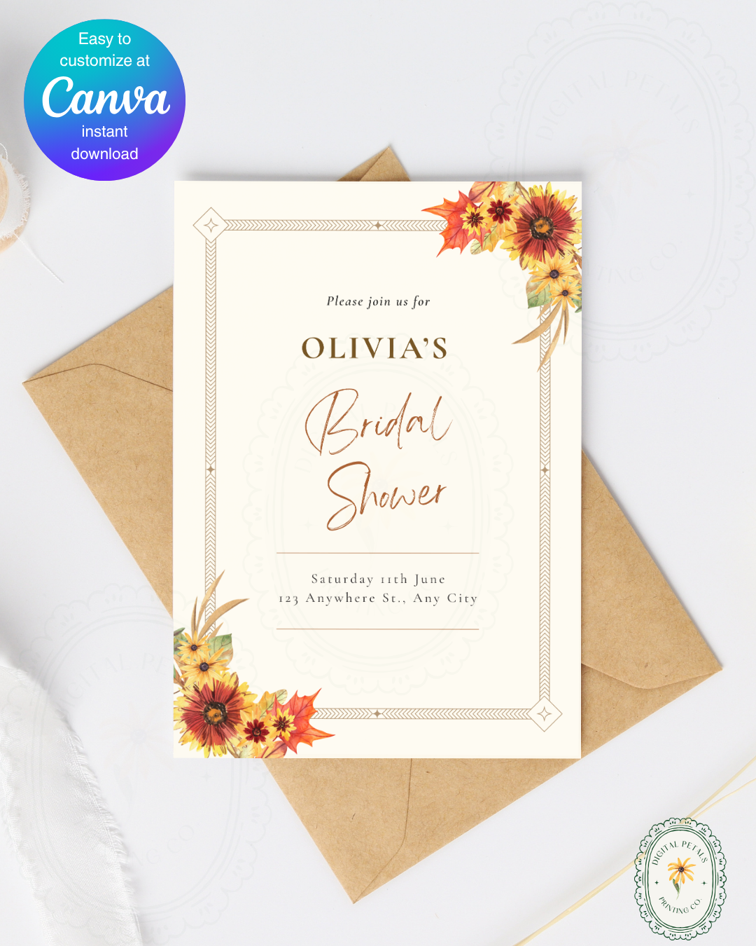 Rustic Fall Wildflowers Bridal Shower Invitation Template | Hand Painted Cottagecore Digital Download