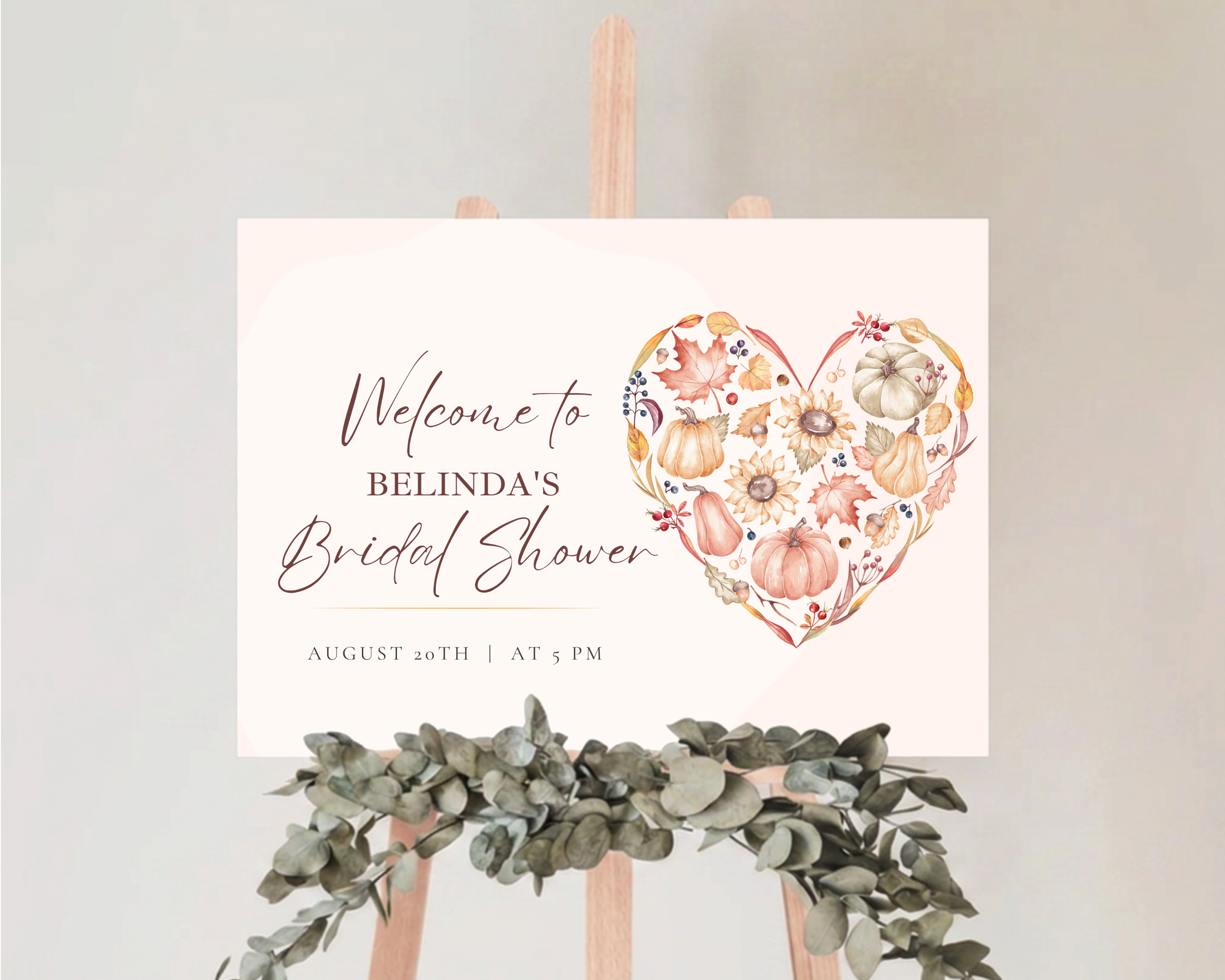 Autumn Bridal Shower Welcome Sign | Rustic Heart Floral Border | Editable Canva Digital Download | Print at Home