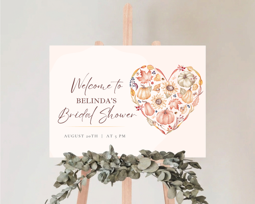 Autumn Bridal Shower Welcome Sign | Rustic Heart Floral Border | Editable Canva Digital Download | Print at Home