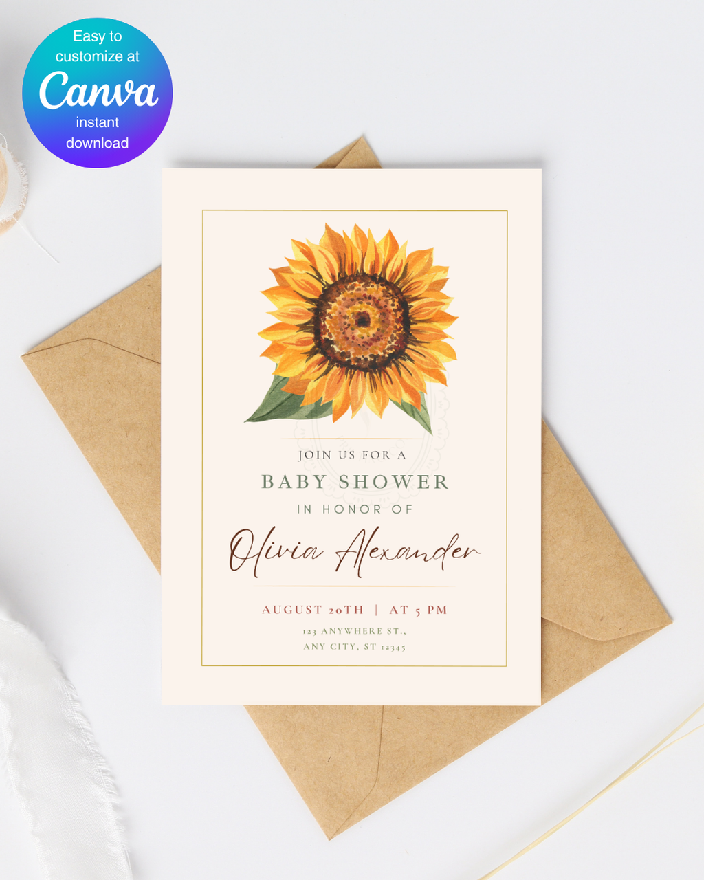Terracotta & Rust Sunflower Baby Shower Invitation — Editable Digital Download Template