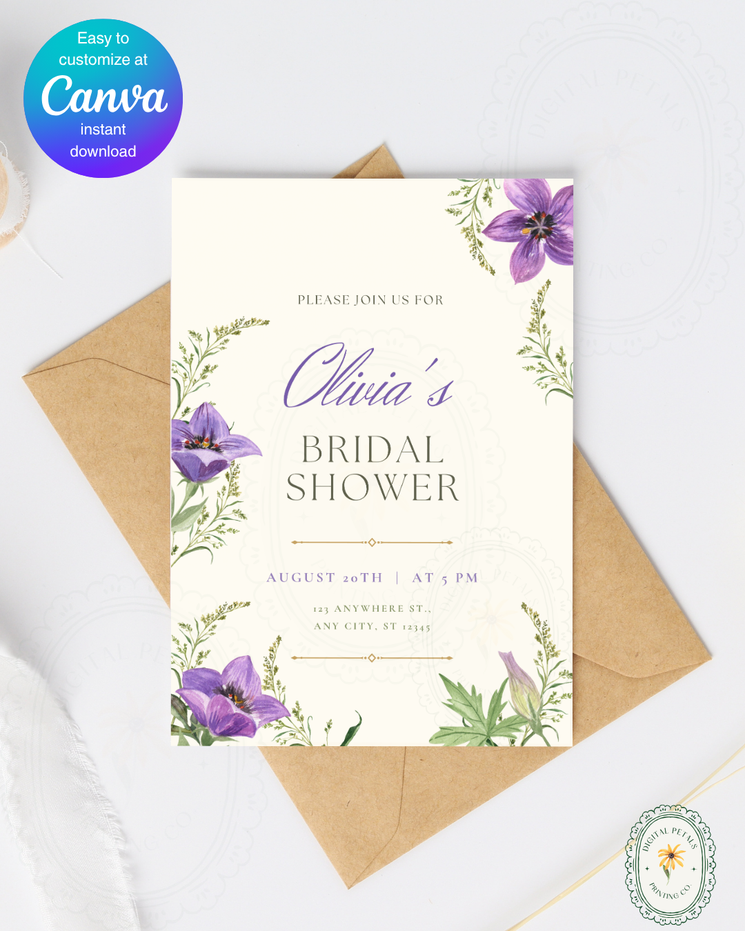 Violet & Periwinkle Wildflower Bridal Shower Invitation | Minimalist Printable Invite | Digital Download