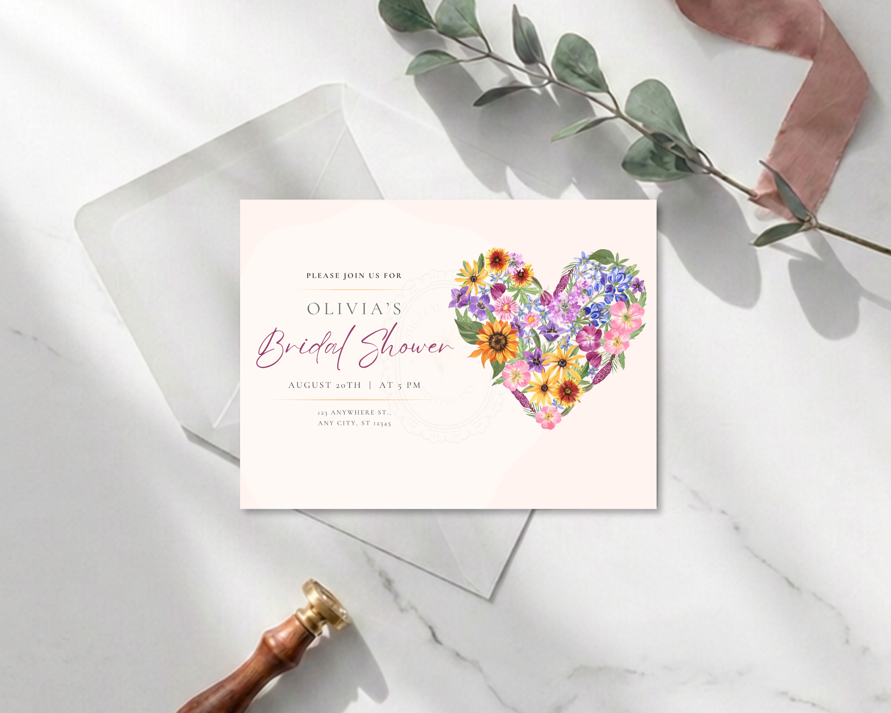 Lavender Cream Spring Heart Bridal Shower Invitation | Printable Landscape Template | Digital Download