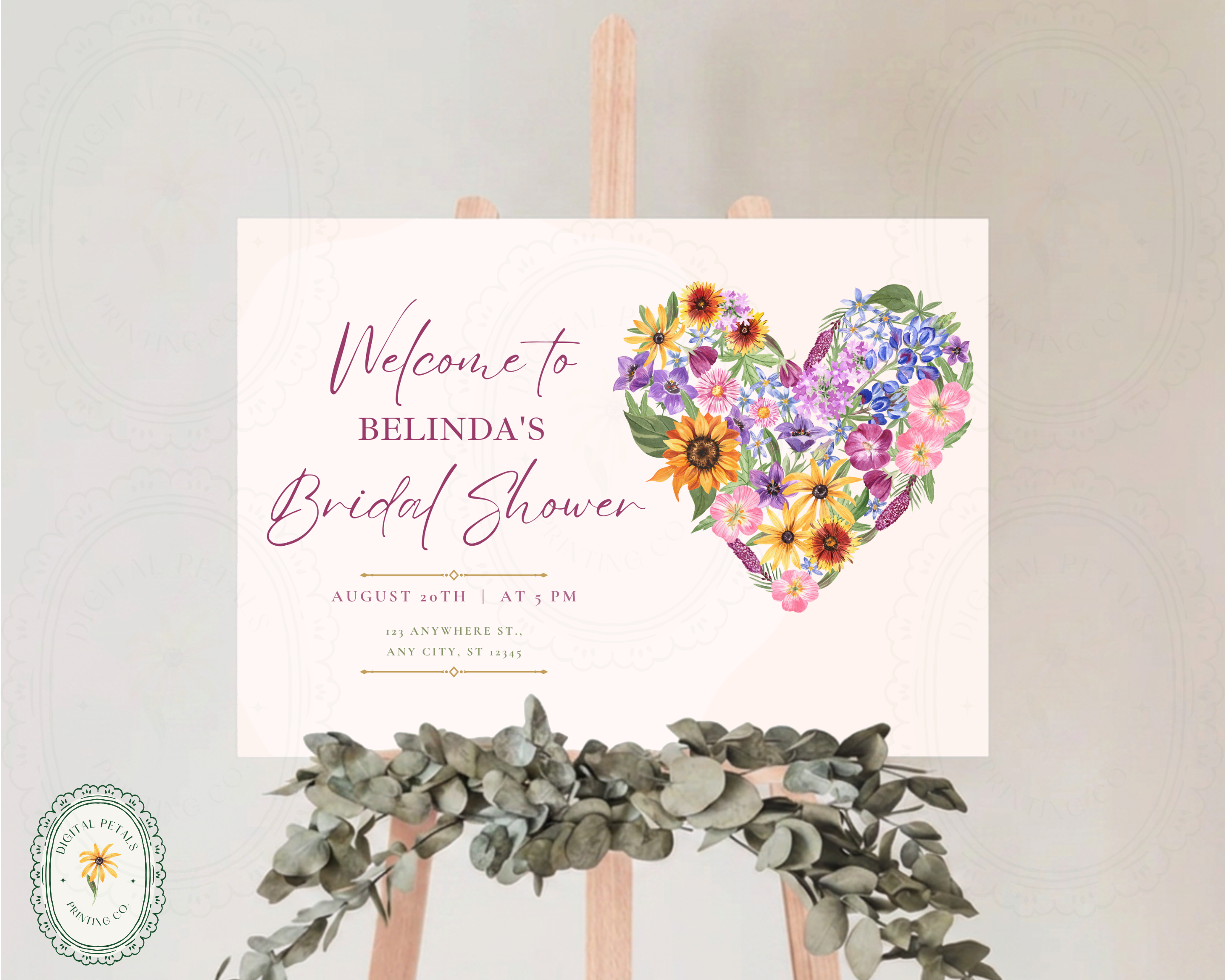 Wildflower Bridal Shower Welcome Sign | Boho Floral Heart Border | Editable Canva Digital Download | Print at Home