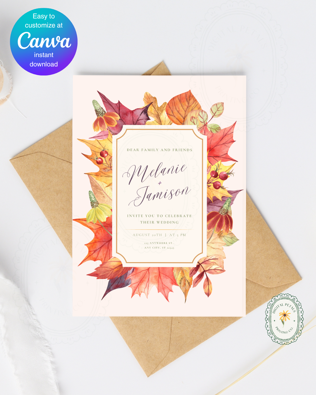 Fall Wedding Invitation Printable | Autumn Harvest Wildflower Boho Wedding Invite | Digital Download