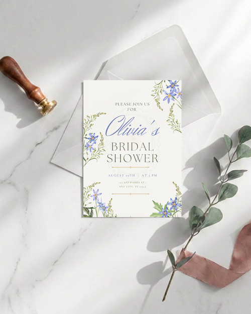 Blue Wildflower Bridal Shower Invitation | Minimalist Printable Invite | Digital Download