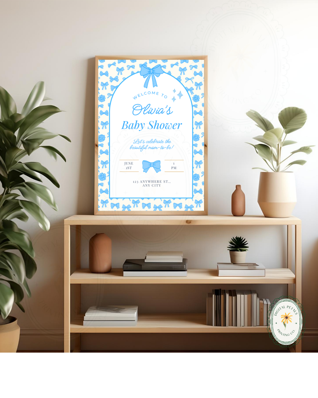 Baby Boy Shower Welcome Sign Template | Blue Ribbons & Bows | Canva Editable