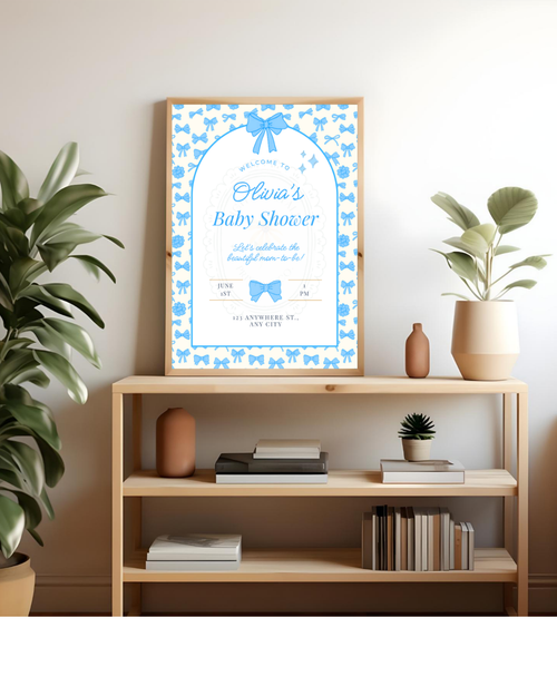 Baby Boy Shower Welcome Sign Template | Blue Ribbons & Bows | Canva Editable