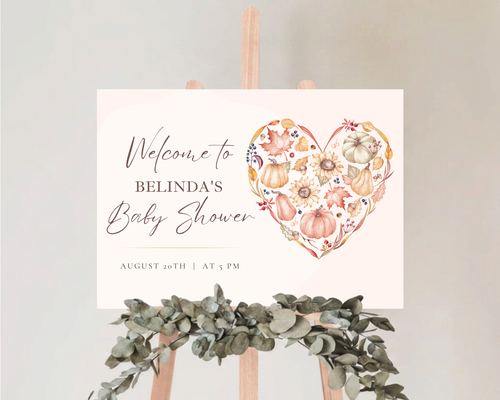 Autumn Baby Shower Welcome Sign | Rustic Heart Floral Border | Editable Canva Digital Download | Print at Home