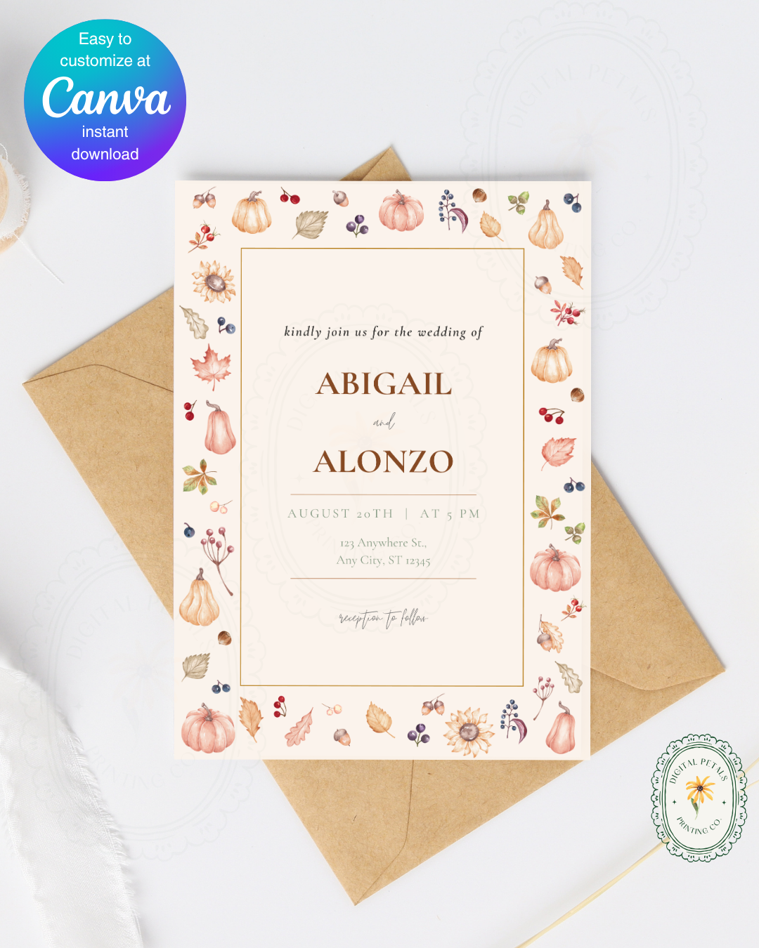 Autumn Harvest Wildflowers Wedding Invitation Template | Editable Canva Digital Download
