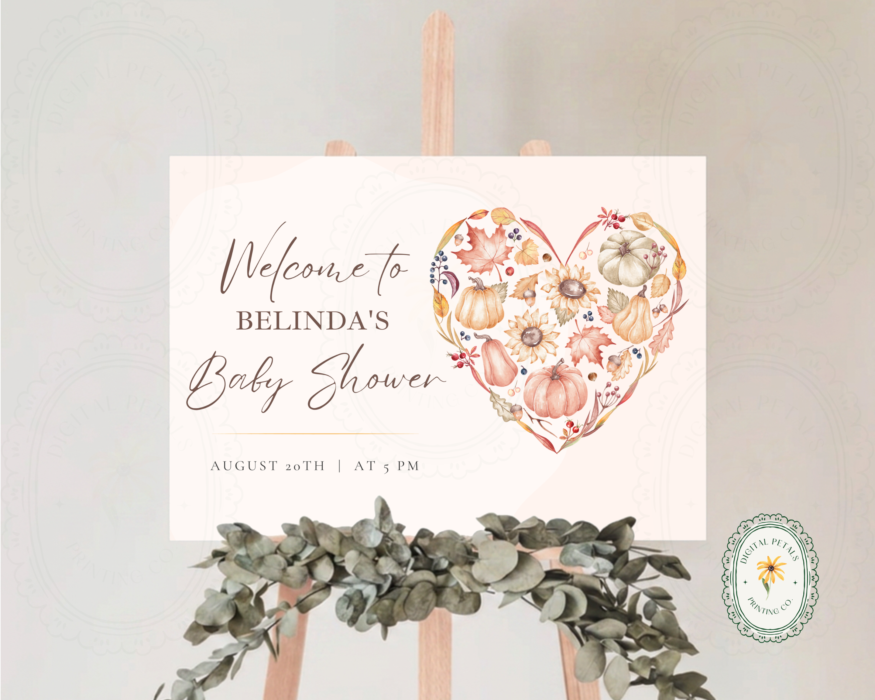 Autumn Baby Shower Welcome Sign | Rustic Heart Floral Border | Editable Canva Digital Download | Print at Home