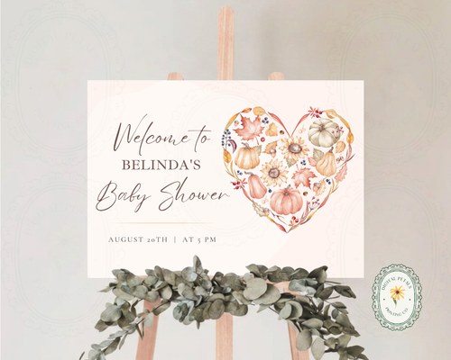 Autumn Baby Shower Welcome Sign | Rustic Heart Floral Border | Editable Canva Digital Download | Print at Home