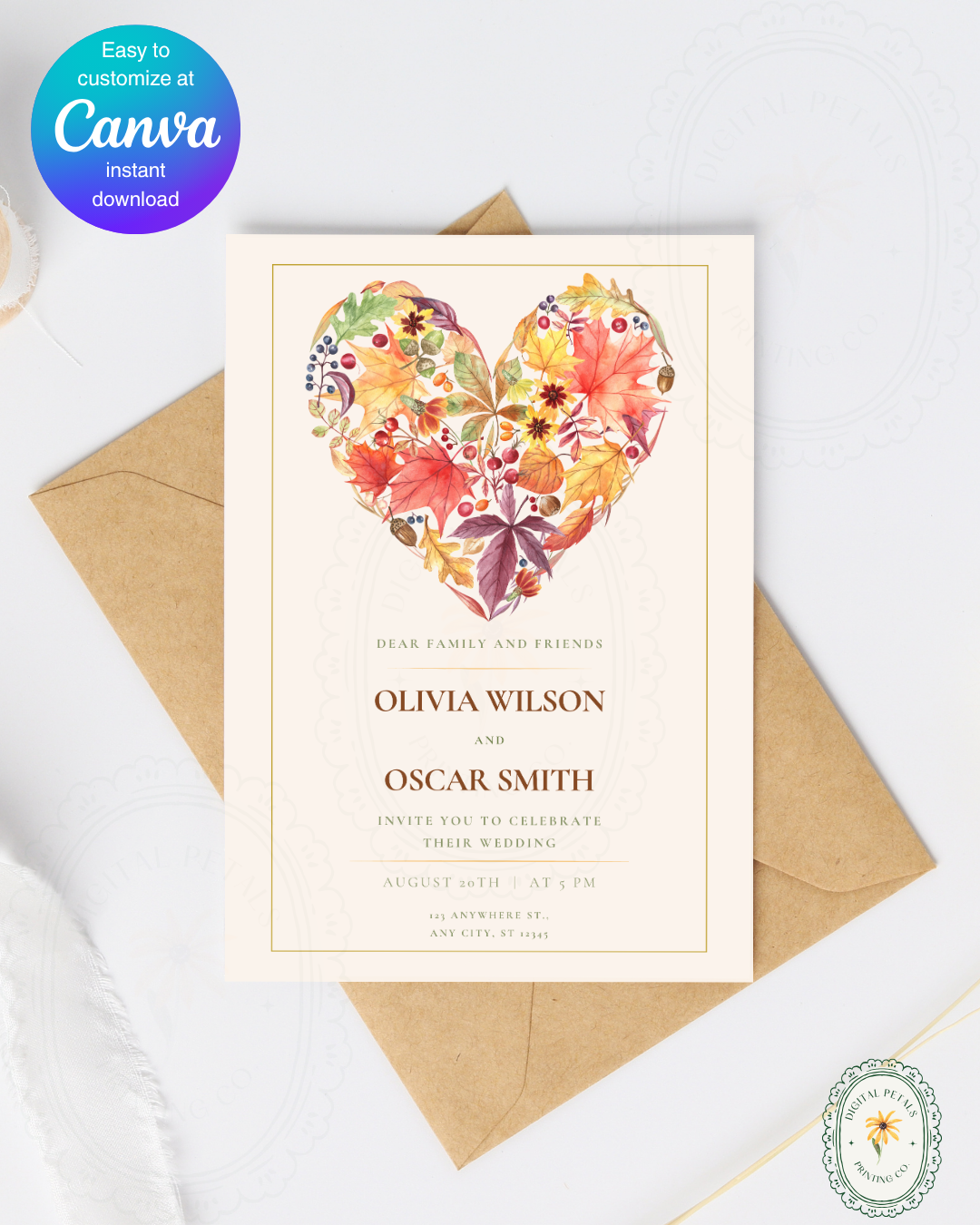 Terracotta & Rust Fall Heart Wedding Invitation — Editable Digital Download Template