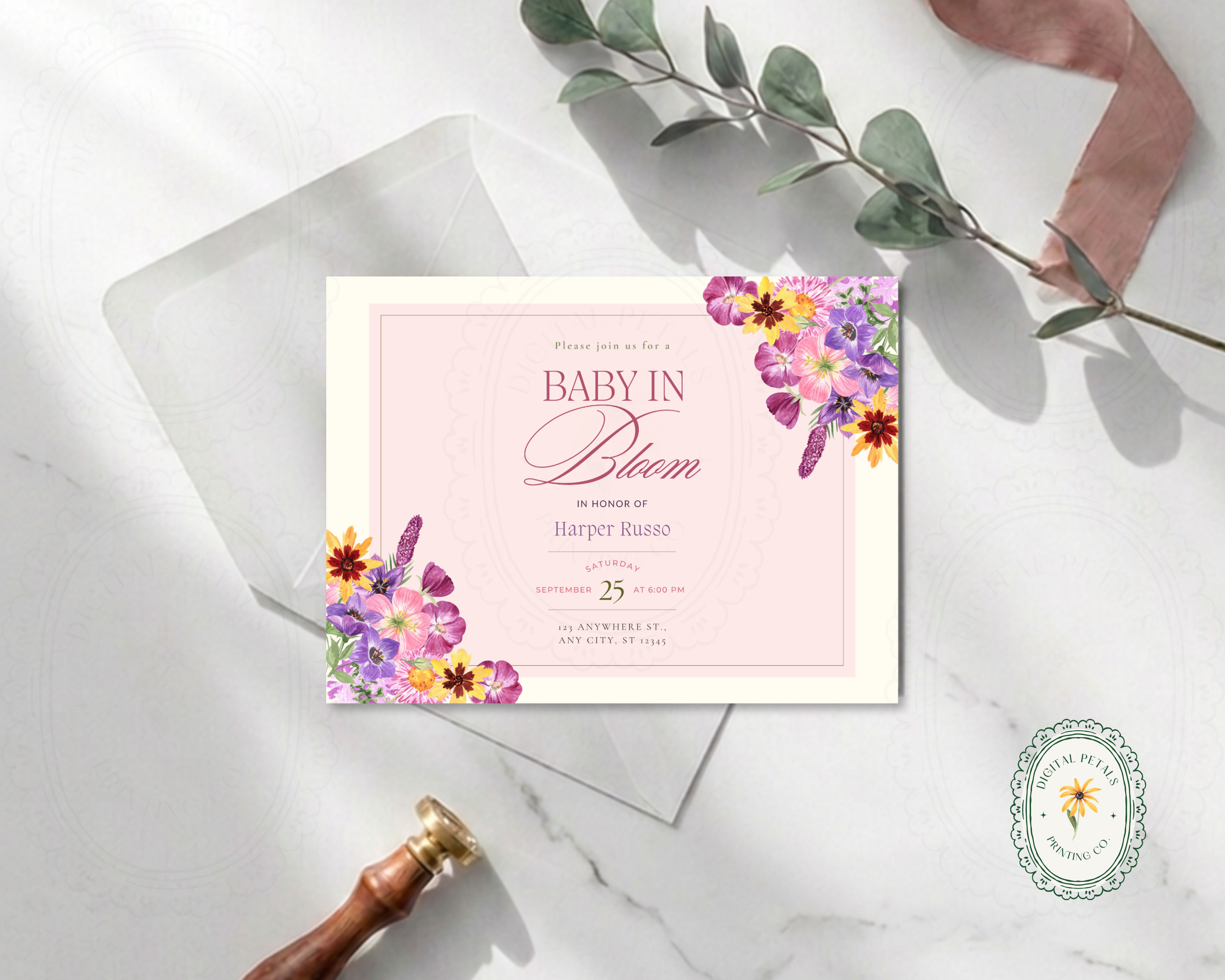 Baby in Bloom Spring Boho Baby Shower Invitation | Landscape Digital Download | Canva Editable