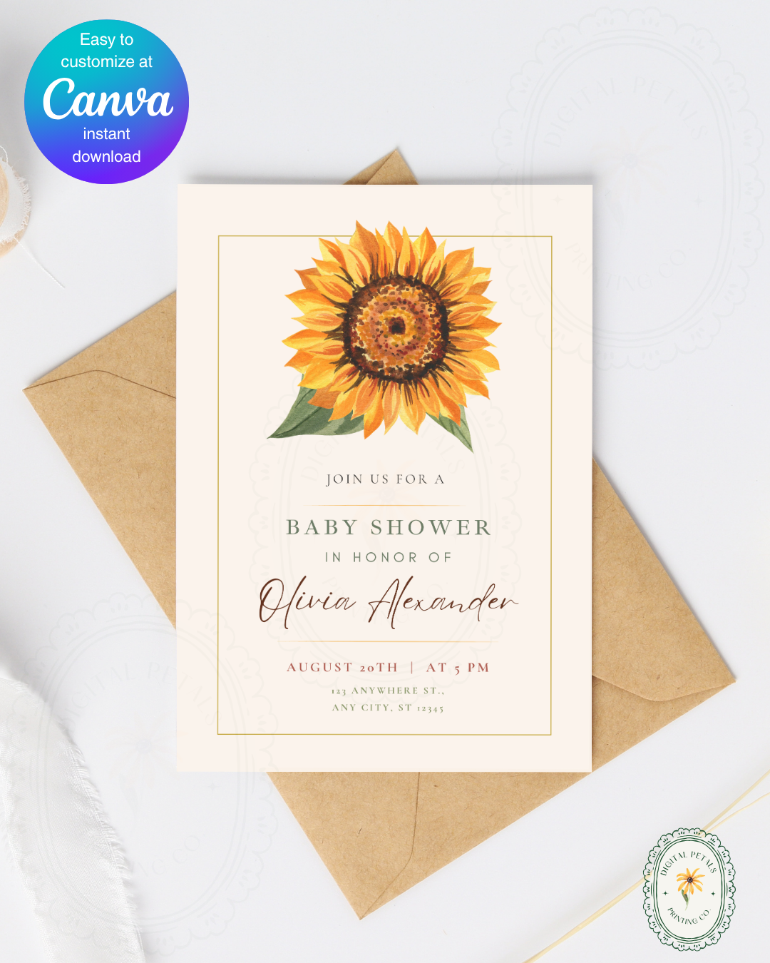 Terracotta & Rust Sunflower Baby Shower Invitation — Editable Digital Download Template