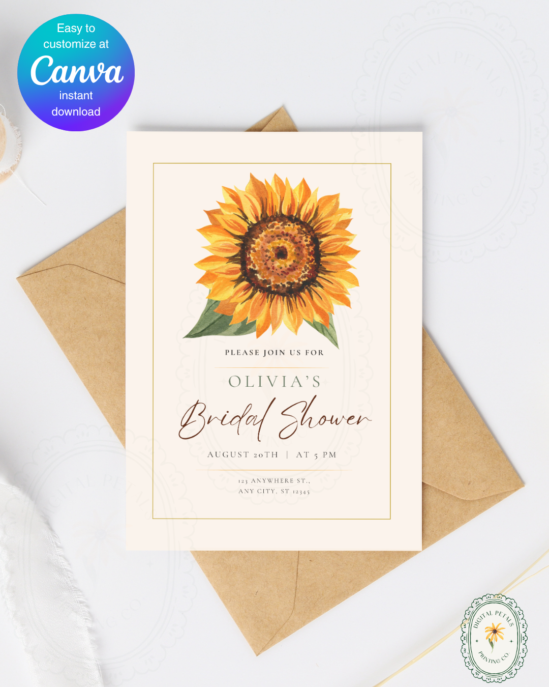 Terracotta & Rust Sunflower Bridal Shower Invitation — Editable Digital Download Template