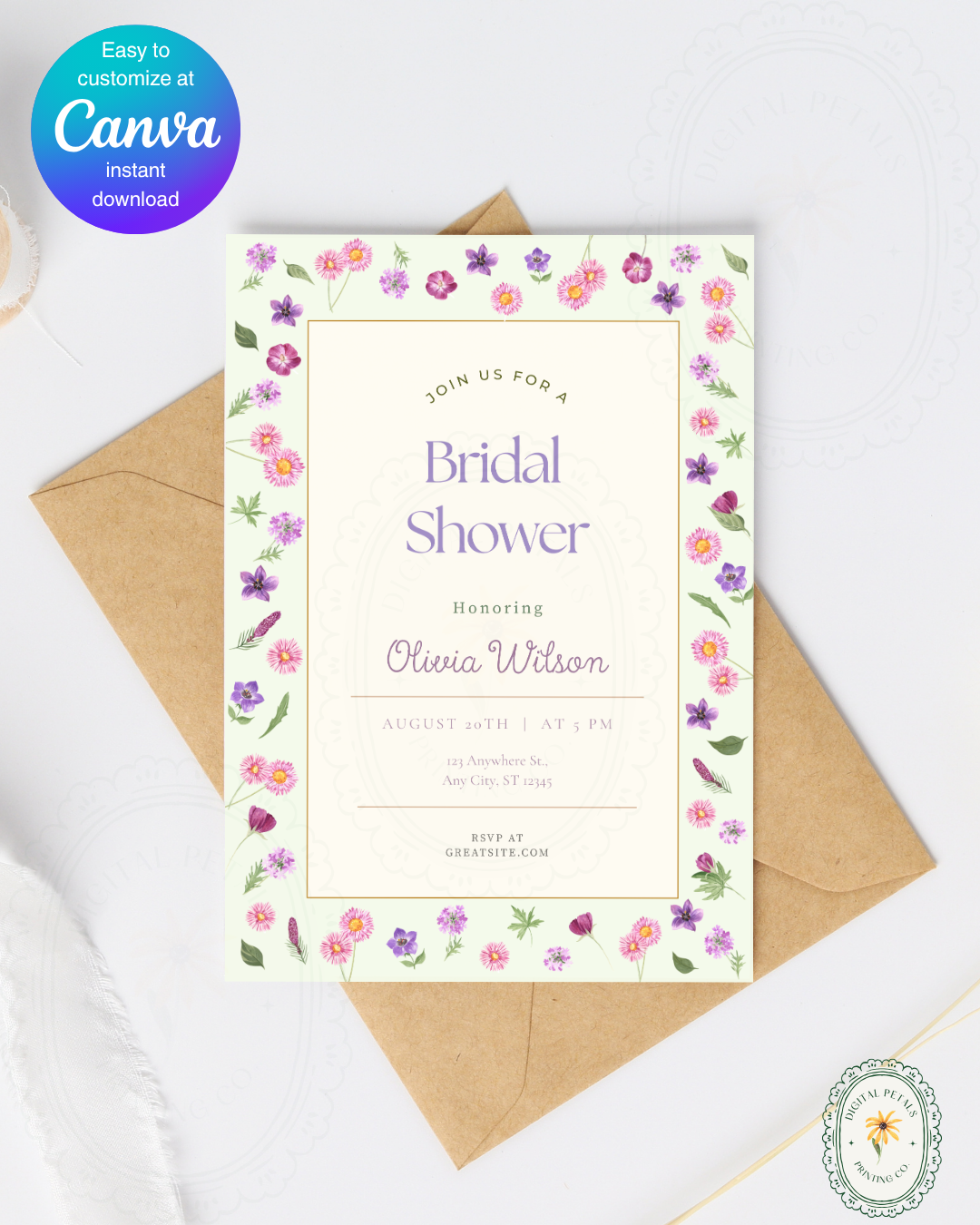 Spring Garden Wildflowers Bridal Shower Invitation Template | Editable Canva Digital Download