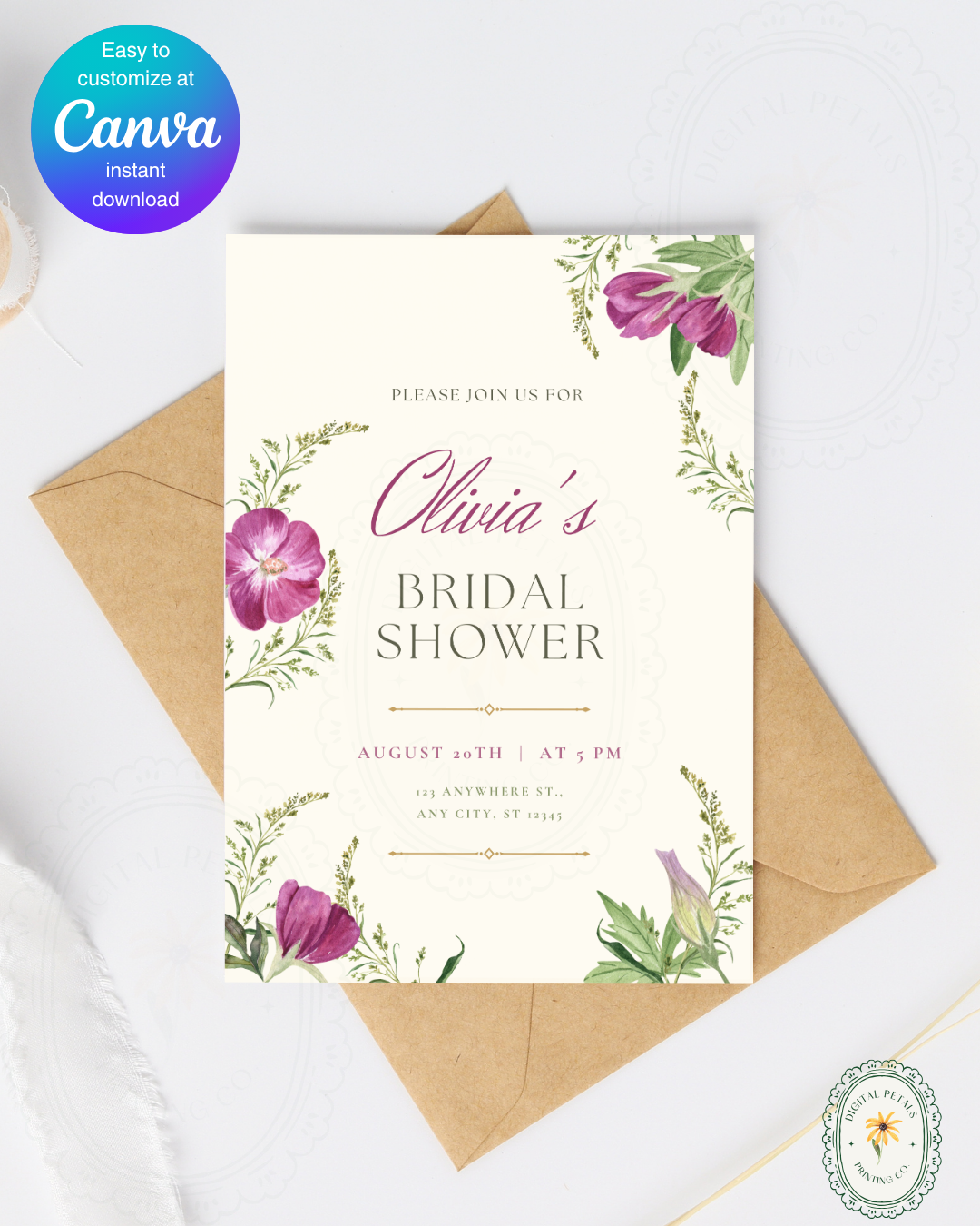 Lavender & Lilac Wildflower Bridal Shower Invitation | Minimalist Printable Invite | Digital Download