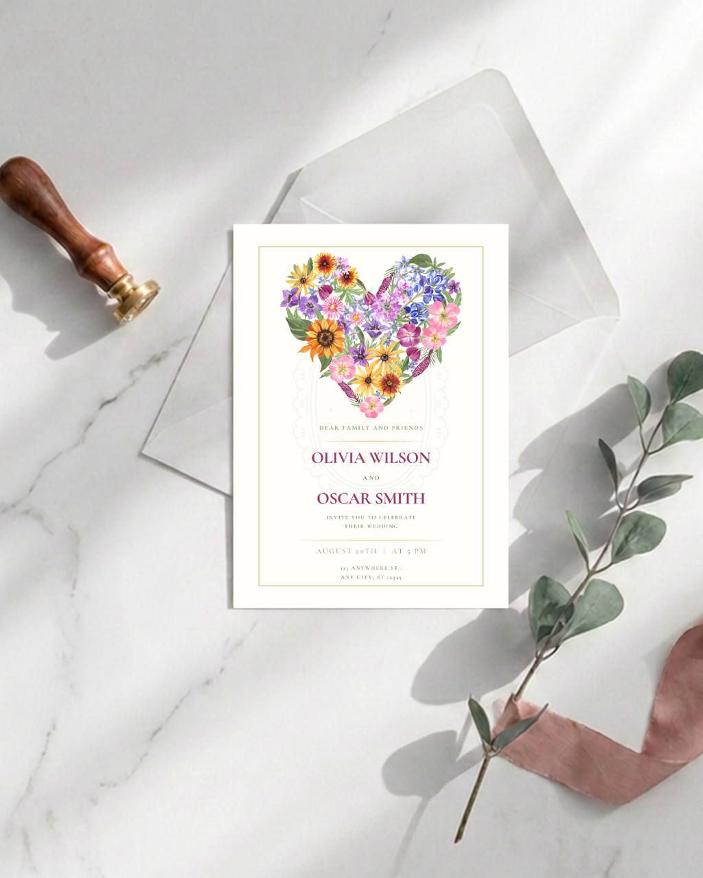Wildflower Heart Wedding Invitation — Editable Digital Download Template