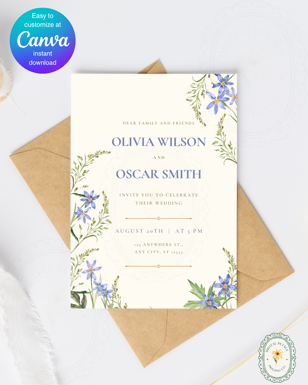 Powder Blue Wildflower Wedding Invitation | Minimalist Printable Invite | Digital Download