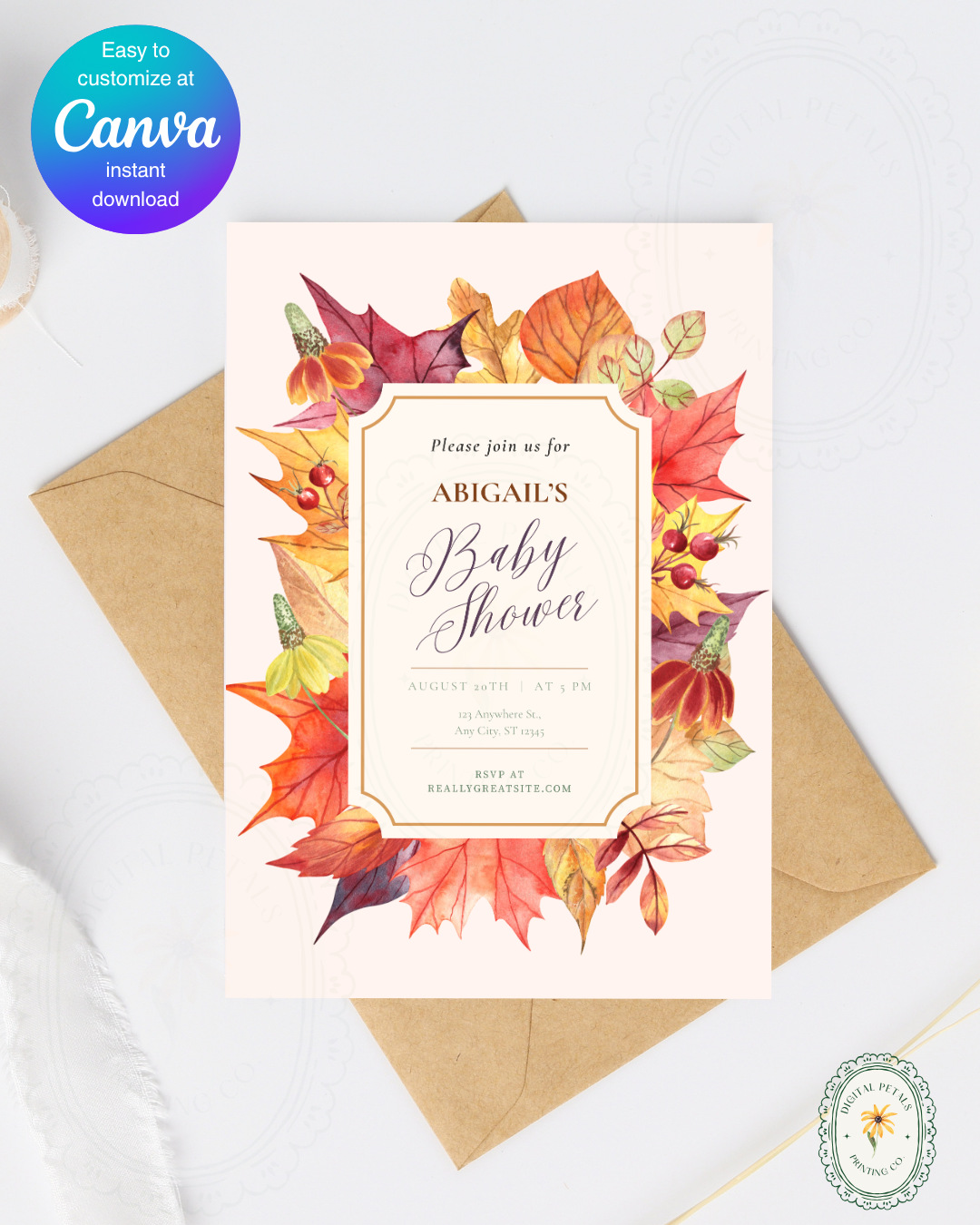 Autumn Harvest Wildflower Boho Baby Shower Invitation | Digital Download | Canva Editable