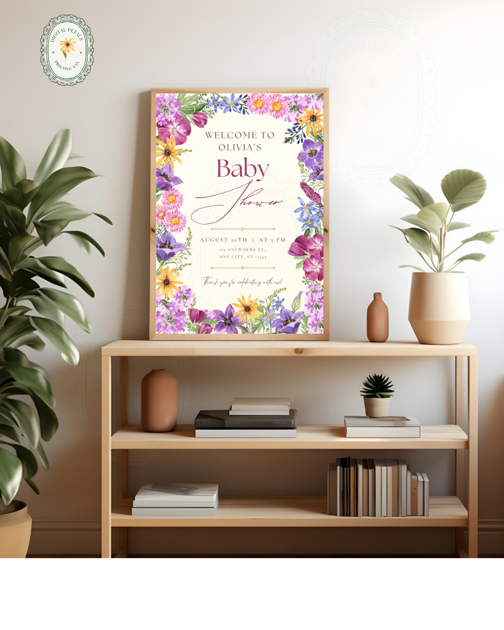 Boho Wildflower Border Baby Shower Welcome Sign | Editable Canva Template | Digital Download