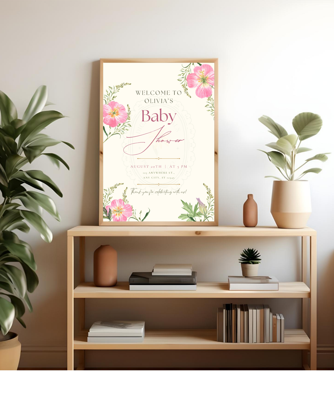 Dusty Rose & Blush Pink Wildflower Baby Shower Welcome Sign | Editable Canva Template | Digital Download