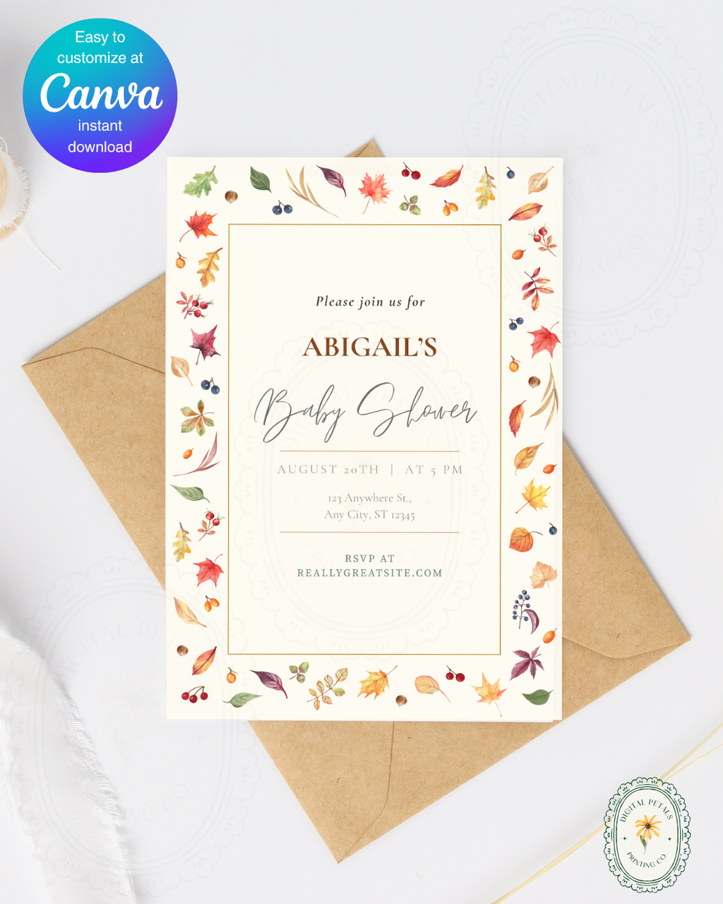 Fall Leaves Baby Shower Invitation Template | Terracotta & Cream | Digital Download