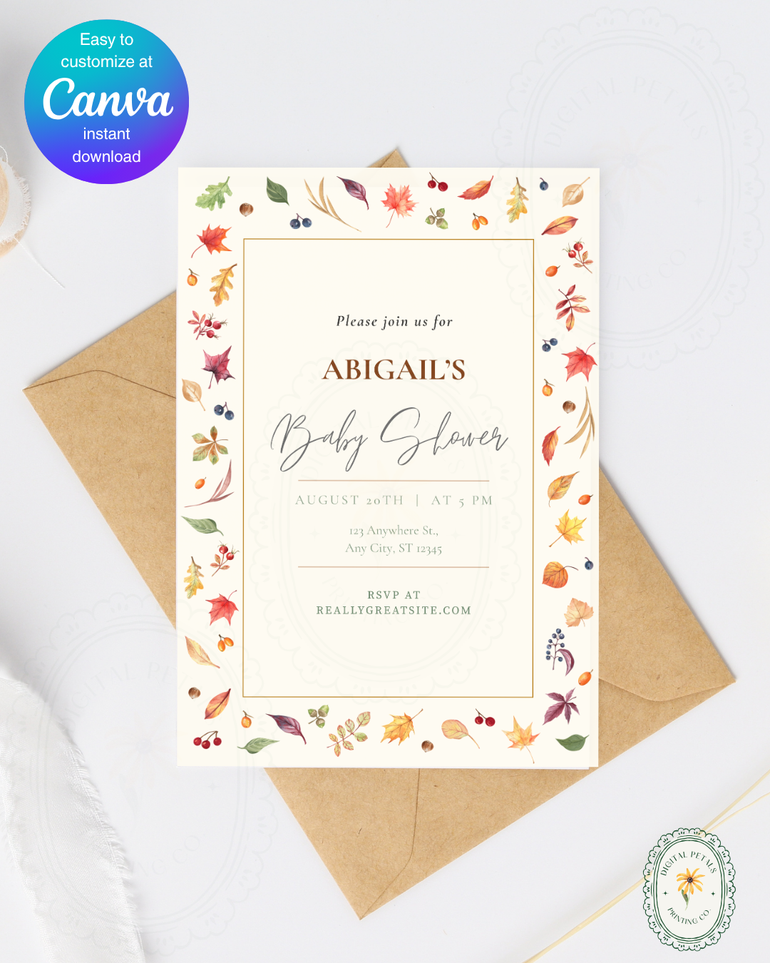 Fall Leaves Baby Shower Invitation Template | Terracotta & Cream | Digital Download