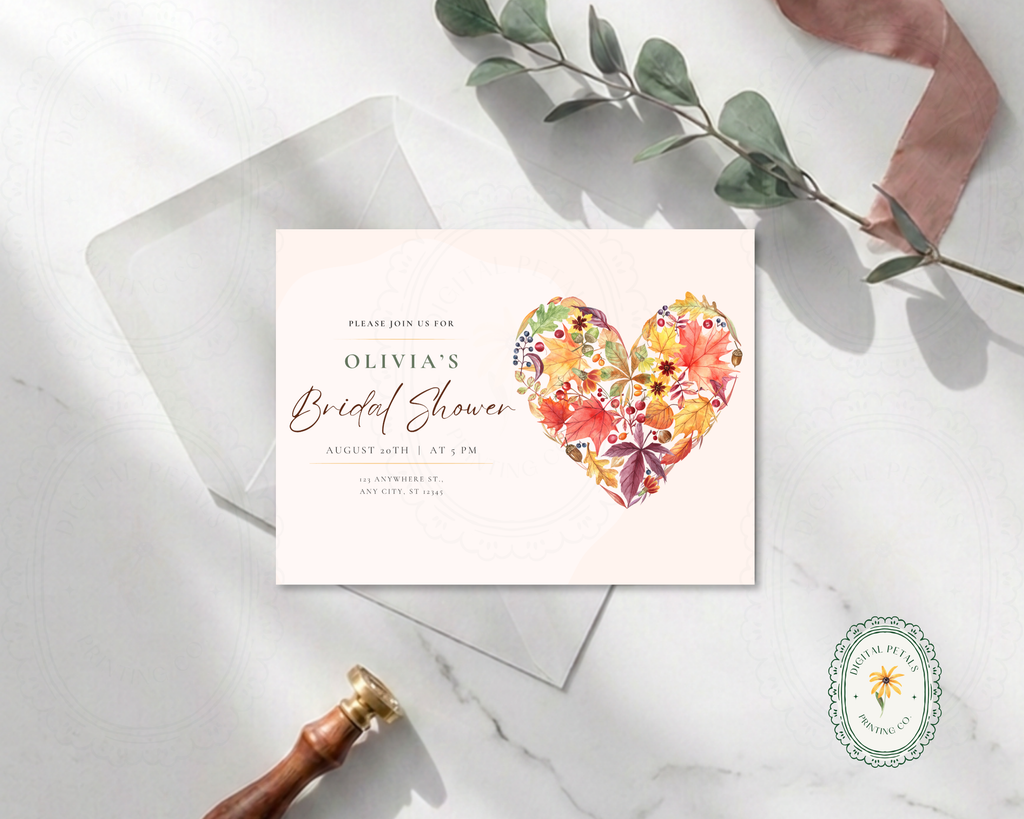 Amber Fall Heart Bridal Shower Invitation | Printable Landscape Template | Digital Download